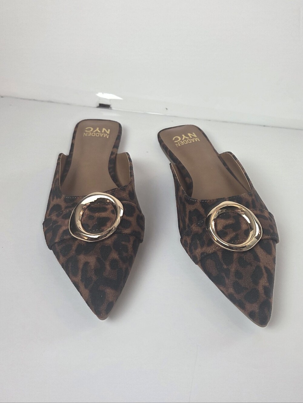 Madden NYC Leopard Print Pointed Toe Mules with Gold Buckle